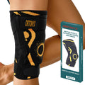 ORTONYX patella ring hinged knee brace on leg, 3D knitted sleeve with dual fastening straps; packaging shown