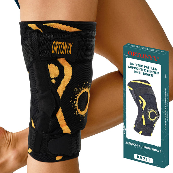 ORTONYX patella ring hinged knee brace on leg, 3D knitted sleeve with dual fastening straps; packaging shown