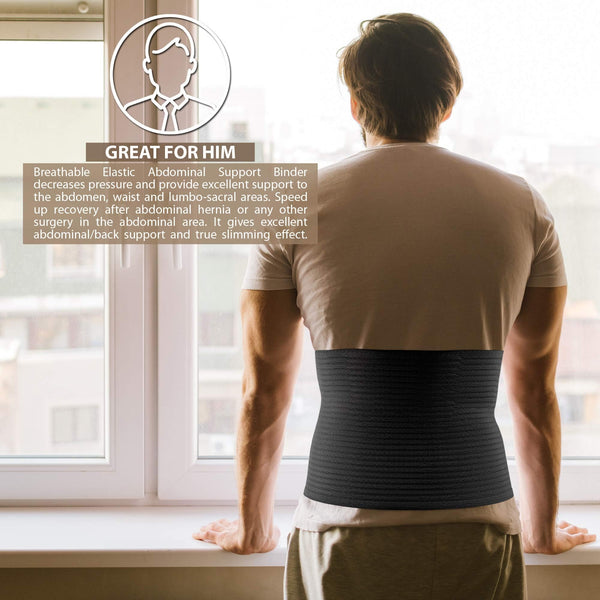 Person wearing ORTONYX abdominal binder 524010, black ribbed breathable elastic wrap supporting abdomen and lumbosacral area.