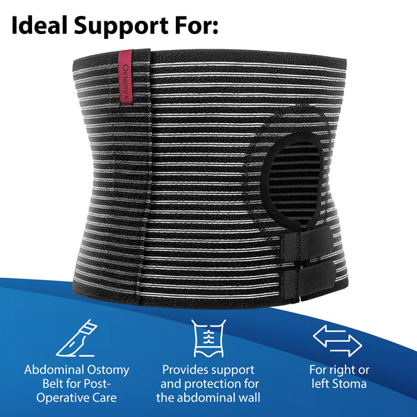 ORTONYX abdominal ostomy belt with adjustable stoma hole, breathable elastic, hook-and-loop closure for colostomy/ileostomy