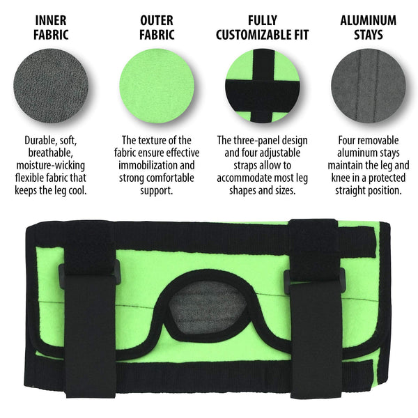 ORTONYX Kids Tri-Panel Knee Immobilizer ACJB2117GR with inner/outer fabric callouts, four aluminum stays, Hook & Loop straps