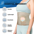 ORTONYX abdominal ostomy belt, breathable elastic, adjustable stoma hole with hook-and-loop closure shown on model's waist.