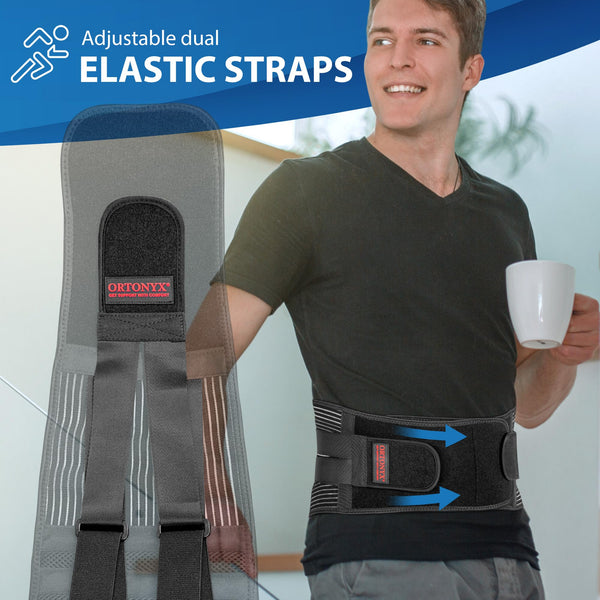 ORTONYX lower back support brace lumbosacral belt with contoured lumbar pad, dual elastic straps, and hook-and-loop closure.