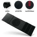 Black umbilical hernia belt with removable silicone pad, striped abdominal binder, hook-and-loop closure, adjustable support.