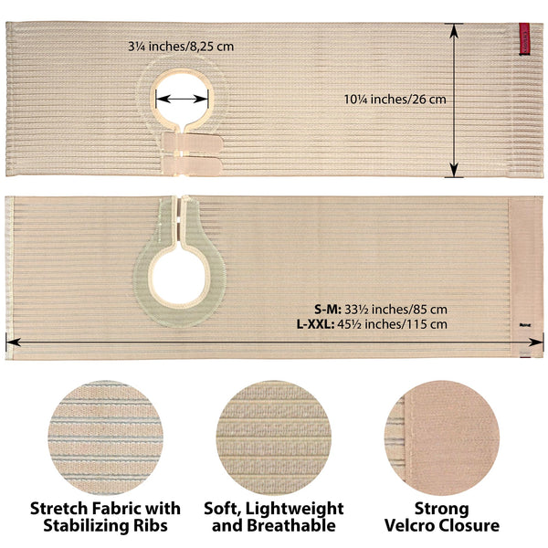 ORTONYX abdominal ostomy belt with adjustable 3.25" stoma hole, breathable elastic, Velcro closure; S-M 85cm, L-XXL 115cm.