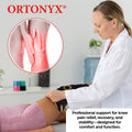 Clinician fits ORTONYX knee brace with patella gel ring; 3D knitted knee sleeve for pain relief, inset shows inflamed knee.