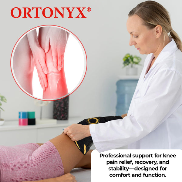 Clinician fits ORTONYX knee brace with patella gel ring; 3D knitted knee sleeve for pain relief, inset shows inflamed knee.