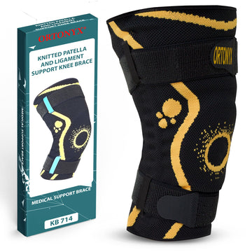 ORTONYX knee brace KB 714, 3D knitted sleeve with patella gel ring and extra fastening straps, ligament support, box shown