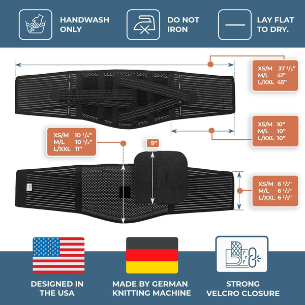 ORTONYX lumbosacral back brace: breathable knit belt with removable lumbar pad, Velcro closure, size and care icons shown