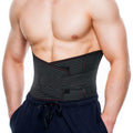 Model wearing ORTONYX lumbar support belt back brace, black breathable knitted lumbosacral wrap with adjustable front closure