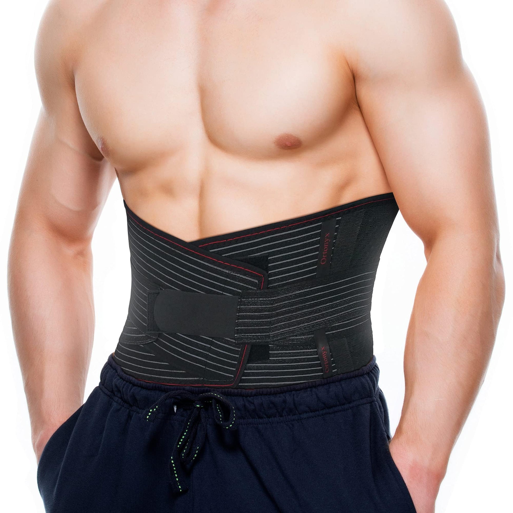 Model wearing ORTONYX lumbar support belt back brace, black breathable knitted lumbosacral wrap with adjustable front closure