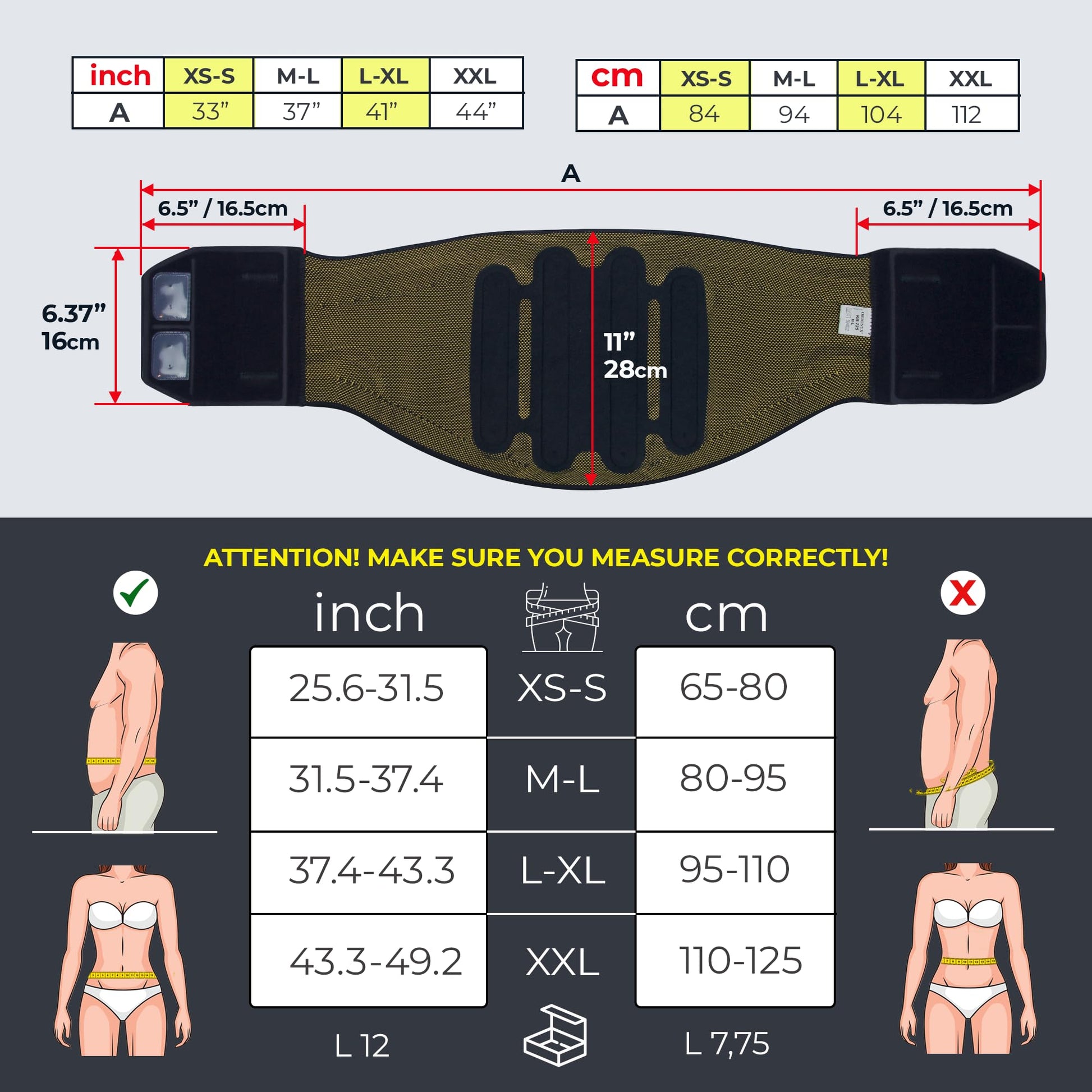 ORTONYX Lumbosacral Back Support Brace KB725, 3D knit with 4 embedded stays, Velcro closure; size chart and measuring guide