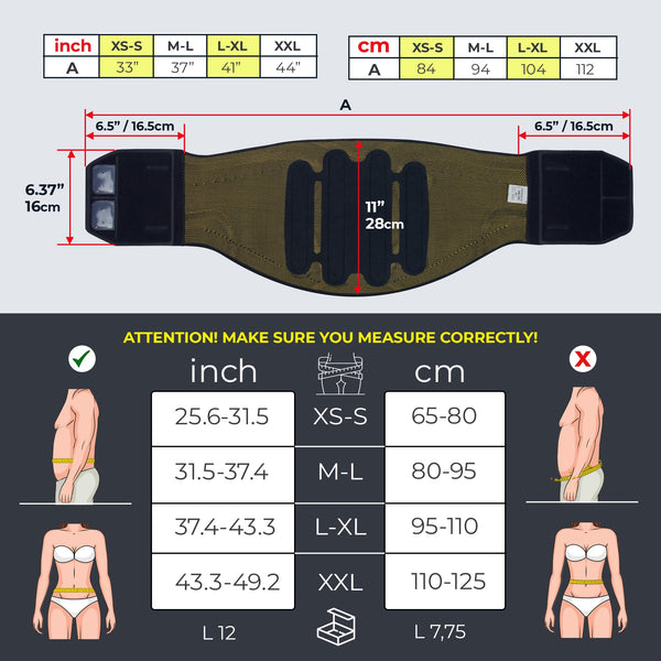ORTONYX Lumbosacral Back Support Brace KB725, 3D knit with 4 embedded stays, Velcro closure; size chart and measuring guide