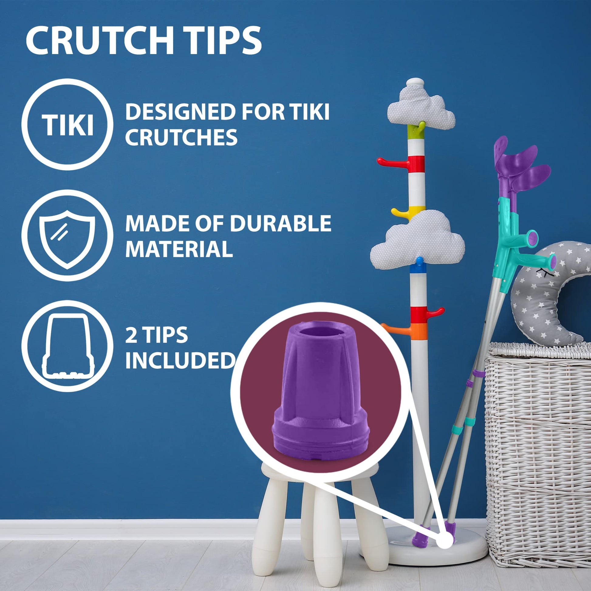 ORTONYX crutch tips, purple pair shown with zoomed detail on crutches, crutch tips replacement for walking aids HDG920115X2