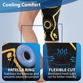 ORTONYX knee brace with patella ring on leg; 3D knitted sleeve, patella stabilizer sleeve, ventilated mesh back for cooling.