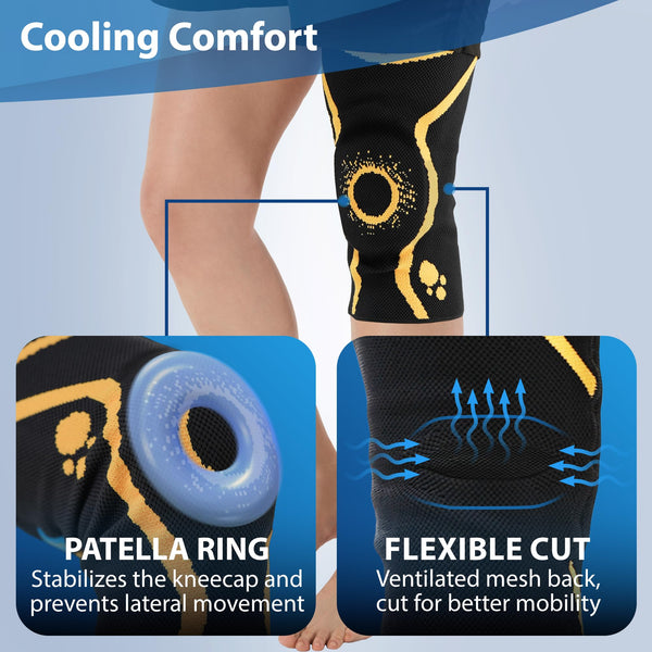 ORTONYX knee brace with patella ring on leg; 3D knitted sleeve, patella stabilizer sleeve, ventilated mesh back for cooling.