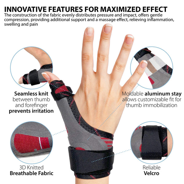 Hand wearing ORTONYX thumb spica splint with moldable aluminum stay, breathable knit, and adjustable hook‑and‑loop straps