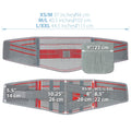 Breathable knitted lumbar support belt back brace with four metal stays, 9 in pad, and size measurements XS/M–L/XXL.