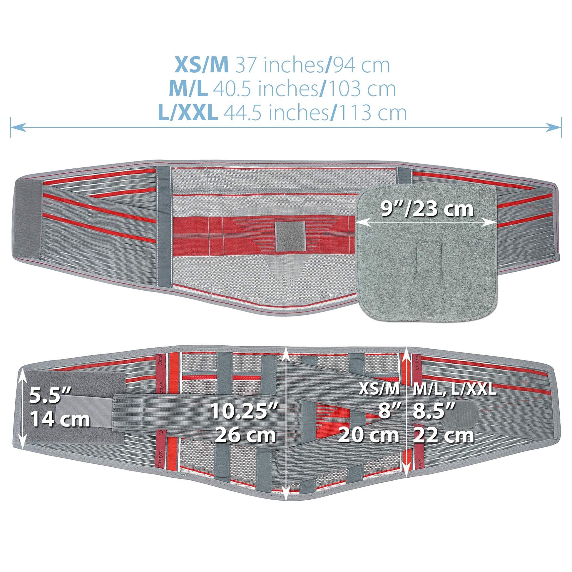 Breathable knitted lumbar support belt back brace with four metal stays, 9 in pad, and size measurements XS/M–L/XXL.