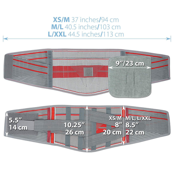 Breathable knitted lumbar support belt back brace with four metal stays, 9 in pad, and size measurements XS/M–L/XXL.