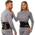 Front and back views of ORTONYX KB726 lumbar support brace, 3D knitted black/yellow design with Velcro closure, breathable.