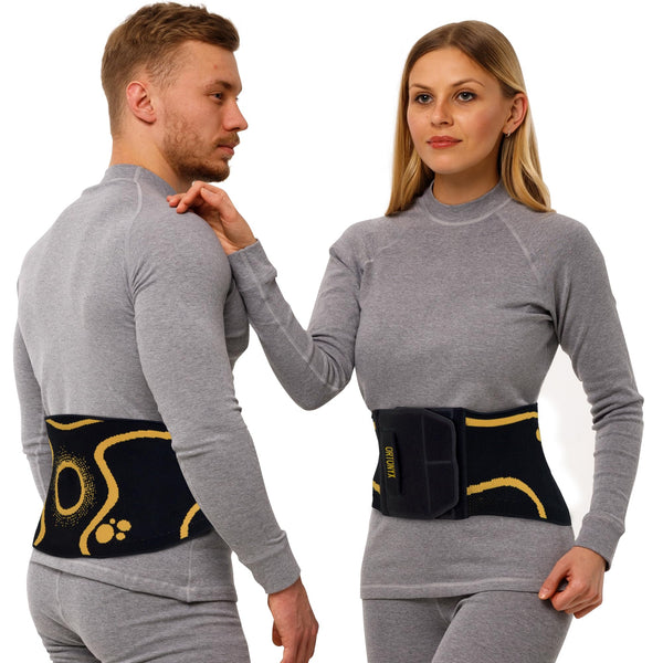 Front and back views of ORTONYX KB726 lumbar support brace, 3D knitted black/yellow design with Velcro closure, breathable.