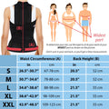 ORTONYX TLSO brace dorsolumbar posture corrector rear view; metal stays, cross straps; size chart + waist measurement guide