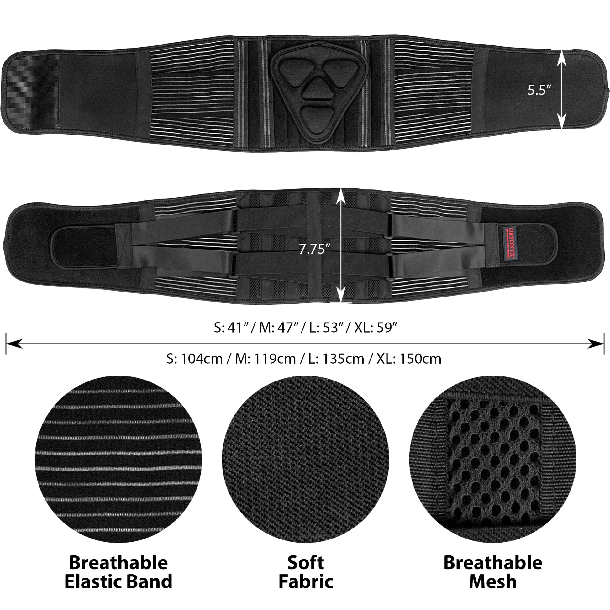 ORTONYX lower back support brace lumbosacral belt with triangular pressure pad, elastic straps, breathable mesh, sizes S–XL