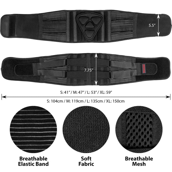ORTONYX lower back support brace lumbosacral belt with triangular pressure pad, elastic straps, breathable mesh, sizes S–XL