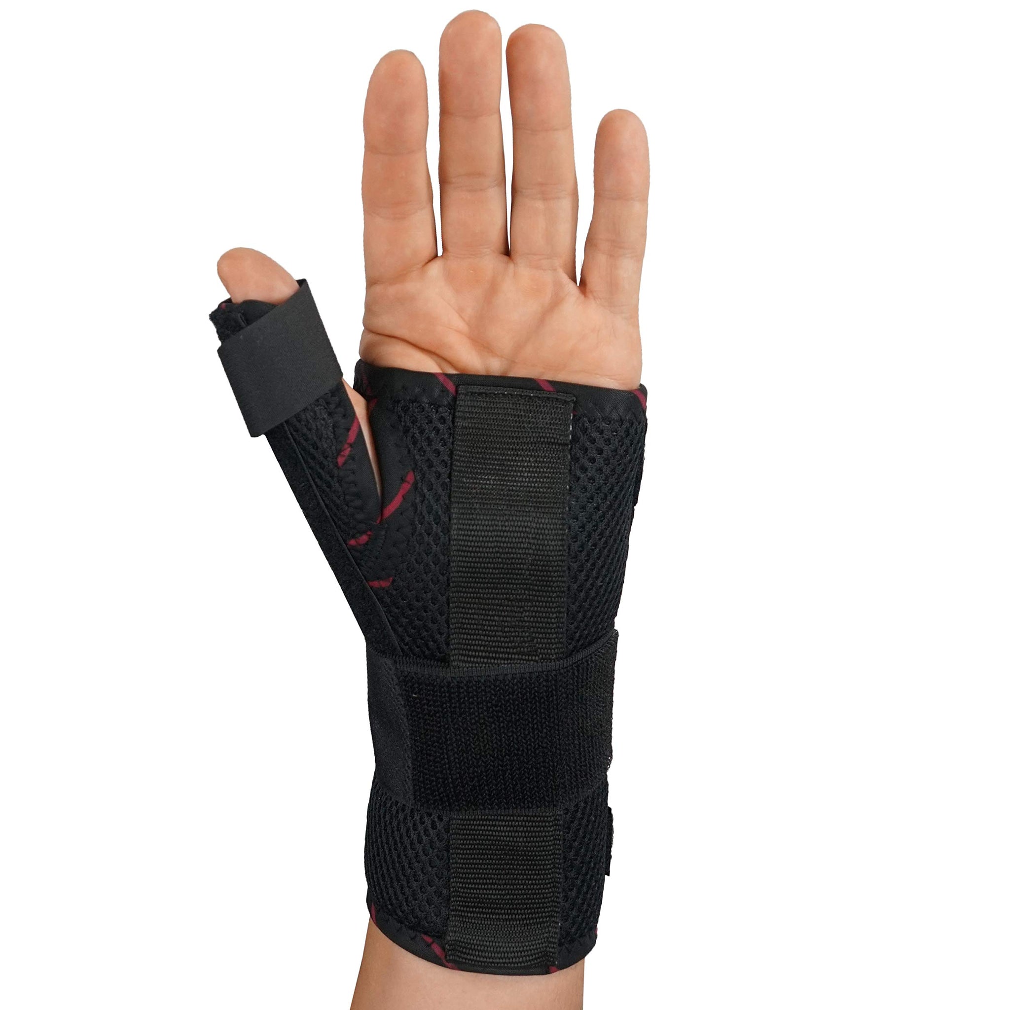 Open hand in black mesh thumb immobilizer brace with spica support, rigid stay, wrist straps; breathable De Quervain’s splint