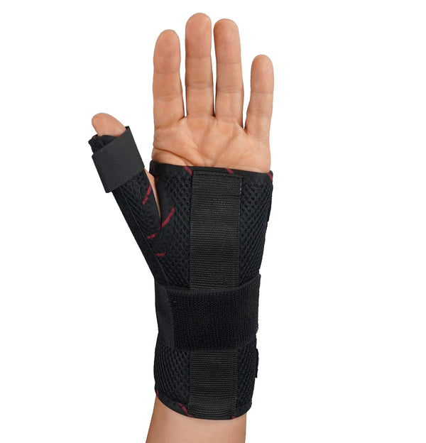 Open hand in black mesh thumb immobilizer brace with spica support, rigid stay, wrist straps; breathable De Quervain’s splint