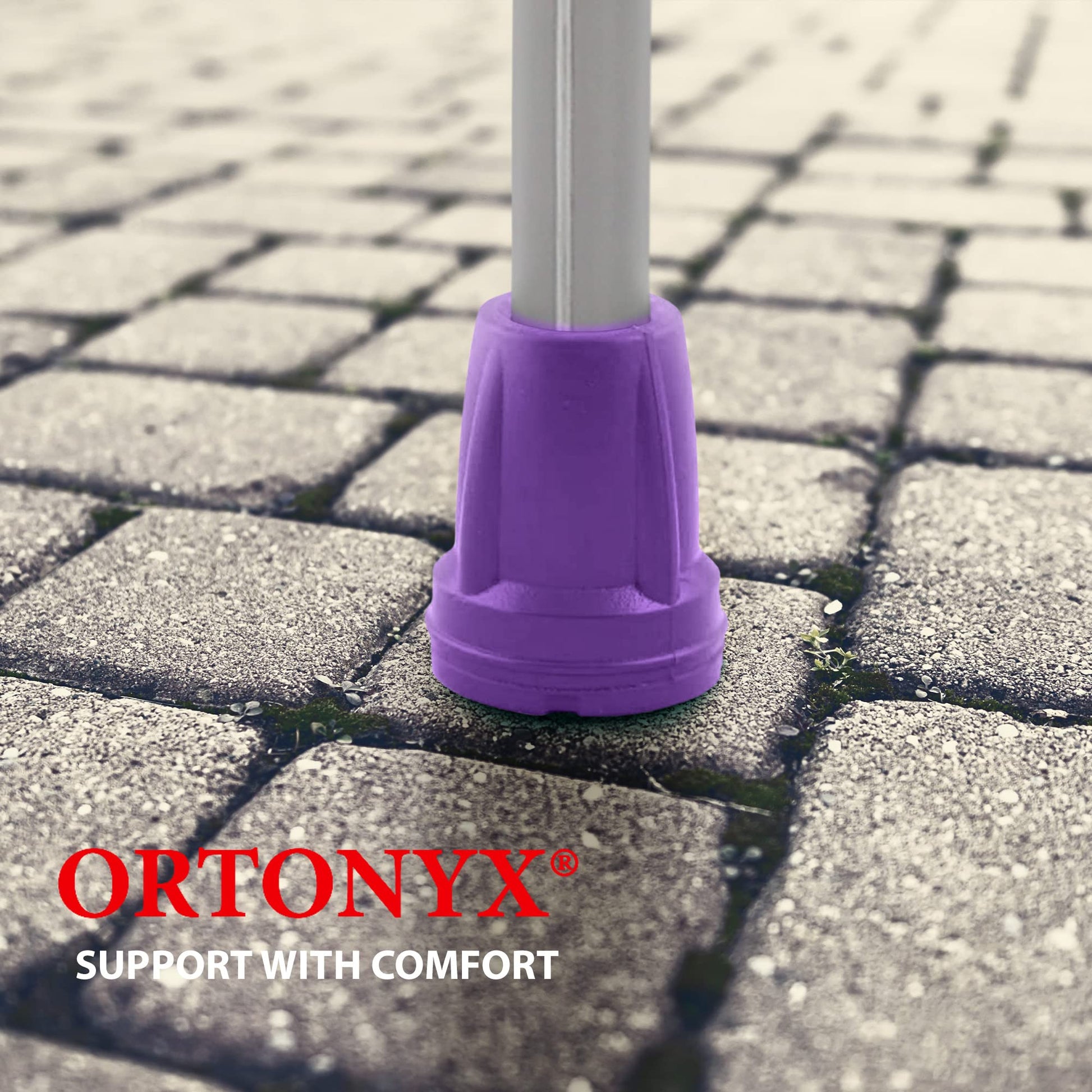 Purple ORTONYX crutch tips, one shown on aluminum shaft gripping pavers; walking aid tip replacement HDG920115X2