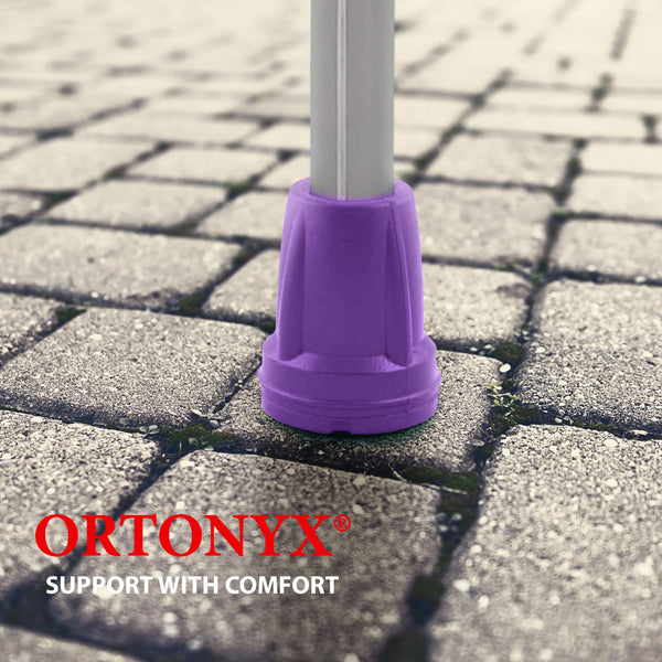 Purple ORTONYX crutch tips, one shown on aluminum shaft gripping pavers; walking aid tip replacement HDG920115X2