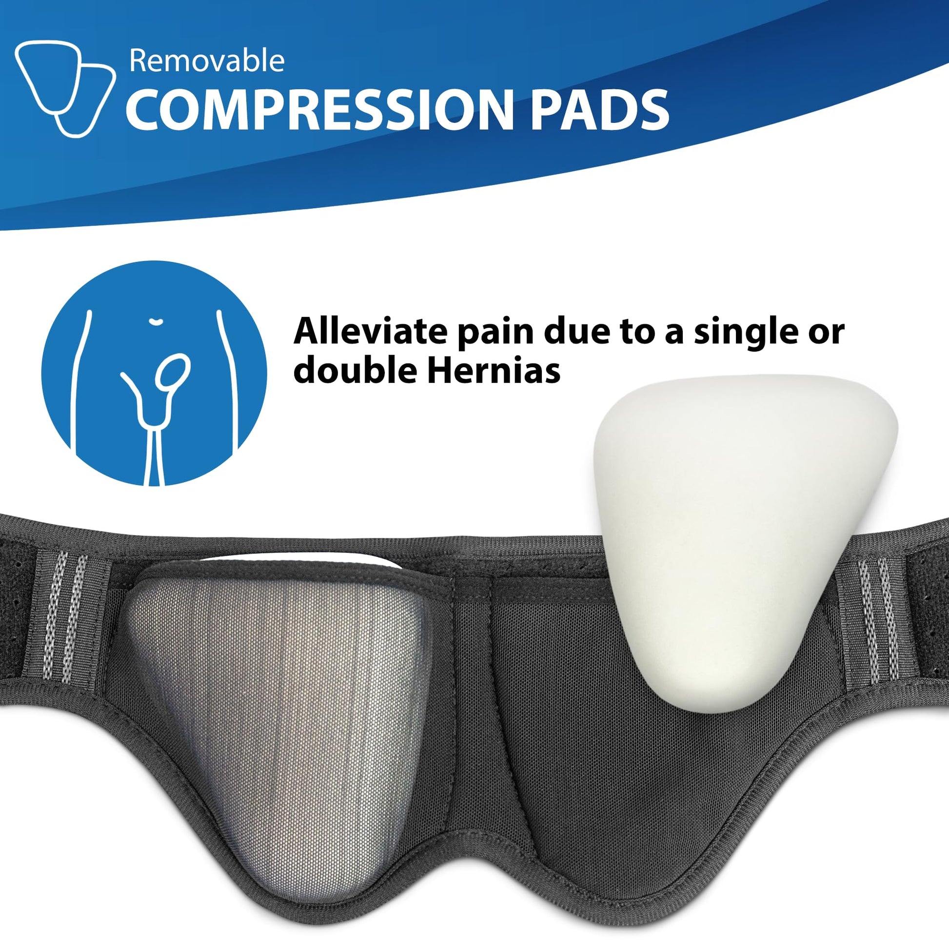ORTONYX inguinal hernia belt with breathable mesh and dual removable compression pads for single or bilateral support