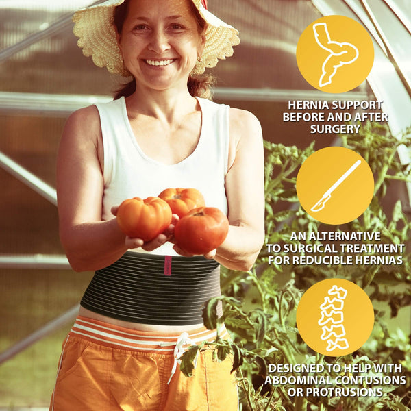 Woman gardener wearing black ORTONYX umbilical hernia belt abdominal support binder; icons indicate pre/post-surgery support