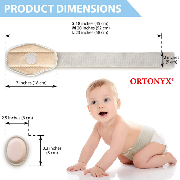 ORTONYX Baby Umbilical Hernia Belt OX350 on infant, breathable elastic strap with removable foam pad, hook-and-loop closure.