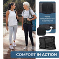 Woman wearing ORTONYX lumbar support brace with metal stays; inset shows breathable knit, removable Velcro lumbar pad.