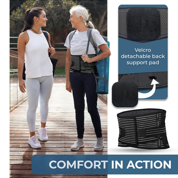 Woman wearing ORTONYX lumbar support brace with metal stays; inset shows breathable knit, removable Velcro lumbar pad.