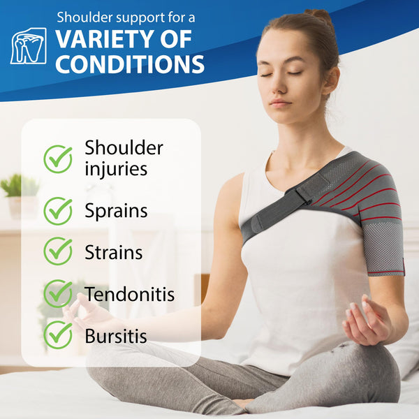 Compression shoulder sleeve with adjustable strap; 3D-knit shoulder stability brace; supports sprains and tendonitis.