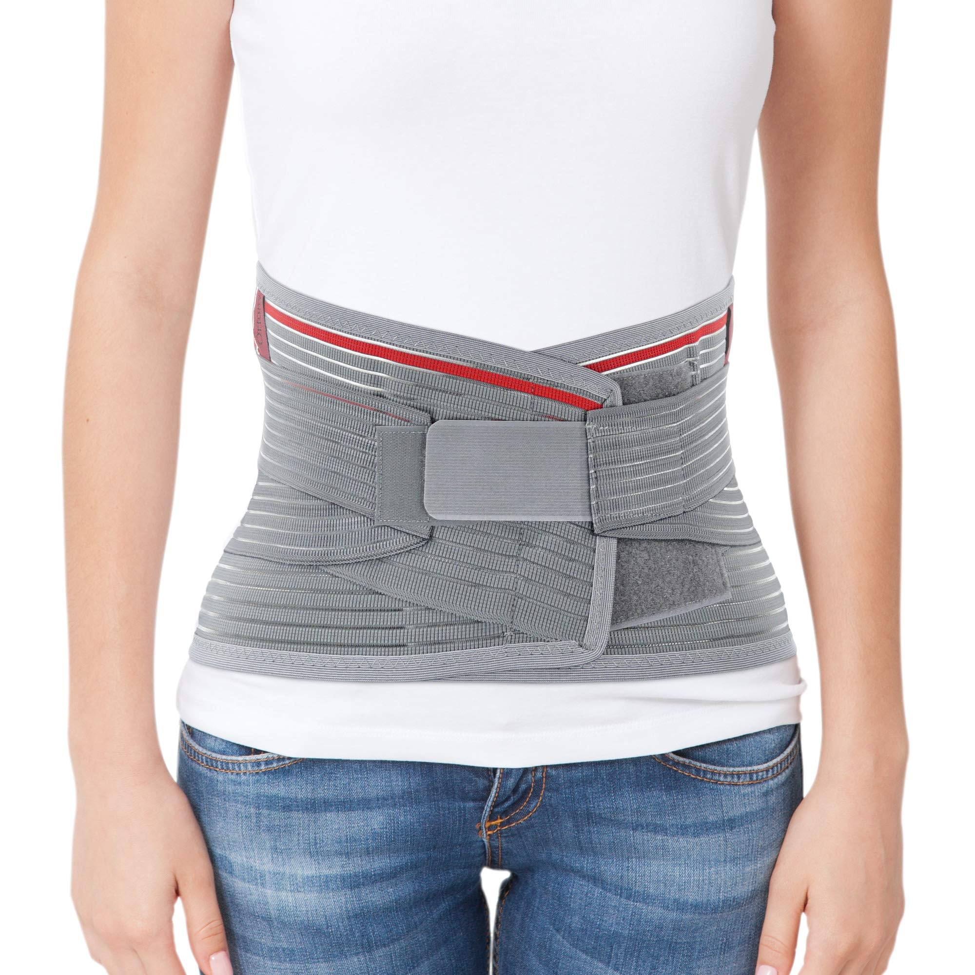 Gray knitted lumbar support belt back brace on torso, breathable with adjustable hook-and-loop straps, lumbosacral support.