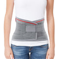 Gray knitted lumbar support belt back brace on torso, breathable with adjustable hook-and-loop straps, lumbosacral support.