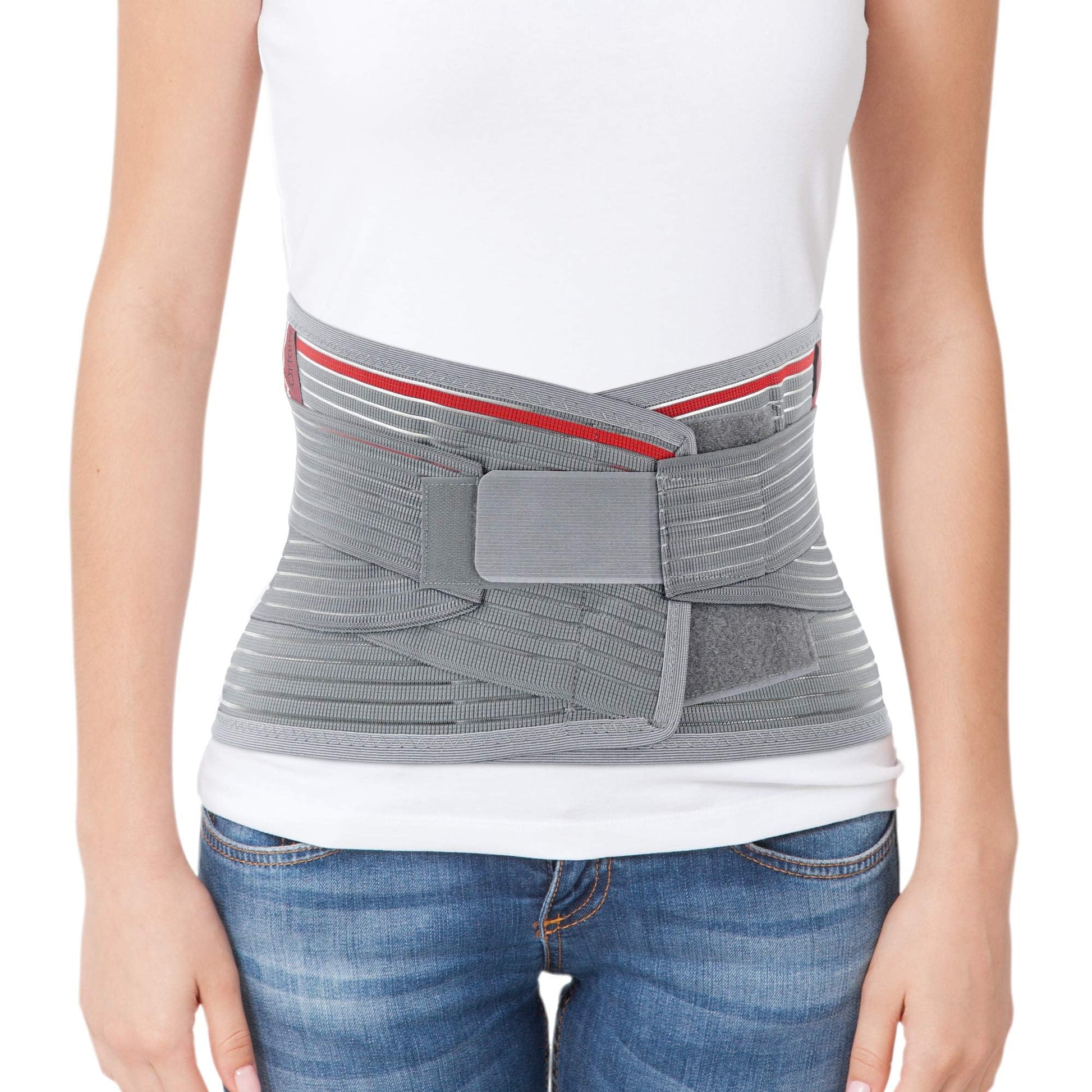 Gray knitted lumbar support belt back brace on torso, breathable with adjustable hook-and-loop straps, lumbosacral support.