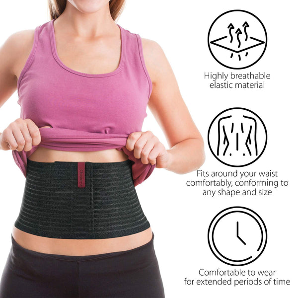ORTONYX 6.25 in abdominal binder worn around waist; breathable elastic lumbo-sacral support wrap with adjustable fit