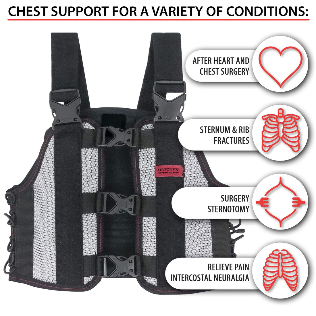 ORTONYX sternum and thorax chest brace ACHB5255, mesh with 3 front buckles, cross-back straps, post-sternotomy support