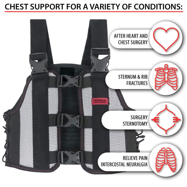 ORTONYX sternum and thorax chest brace ACHB5255 with mesh panels and front buckles; for post sternotomy and rib fractures.