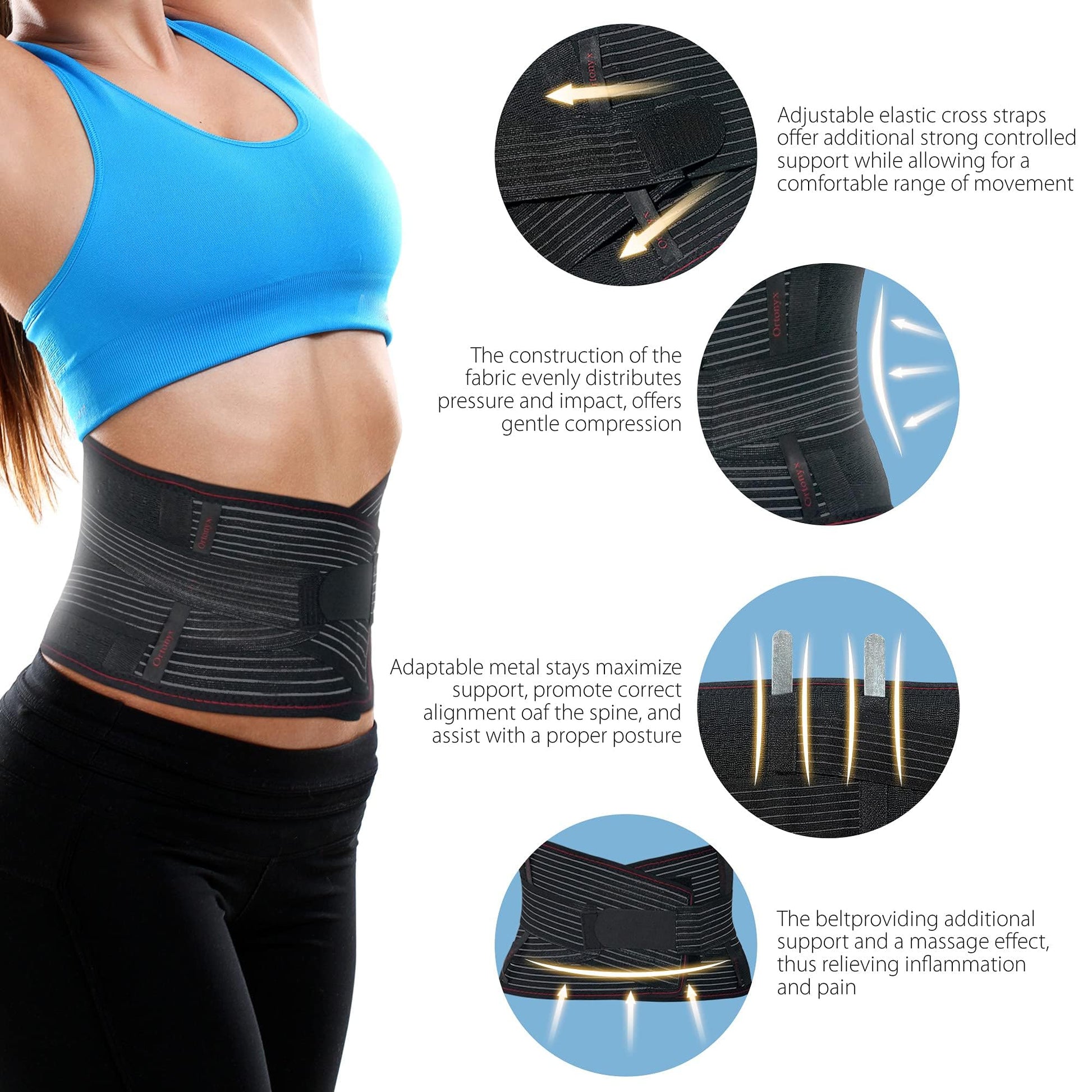 ORTONYX lumbosacral back brace, breathable knit lumbar belt with elastic cross straps and four metal stays for support