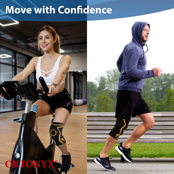 Man running and woman cycling wearing ORTONYX knee brace with patella ring, 3D knitted patella stabilizer sleeve, ACKB314
