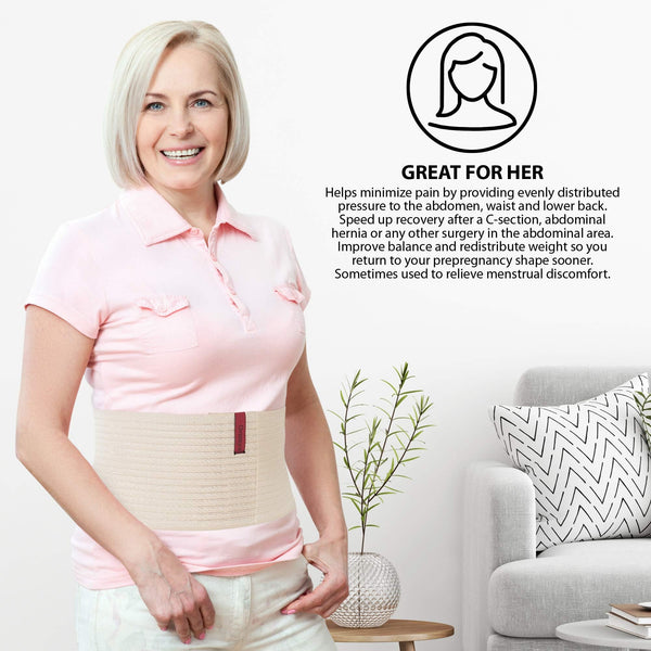Woman wearing beige 6.25 inch ORTONYX abdominal binder, elastic support belt for lumbosacral and post-surgical compression.
