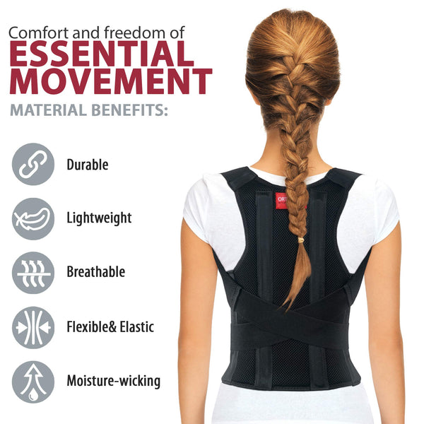 Back view, ORTONYX 656 posture corrector back brace with hook-and-loop straps and waist belt; icons show durable, breathable