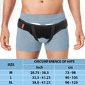 ORTONYX inguinal hernia belt truss with dual removable pads and hook-and-loop straps; size chart for M–XL hip circumference